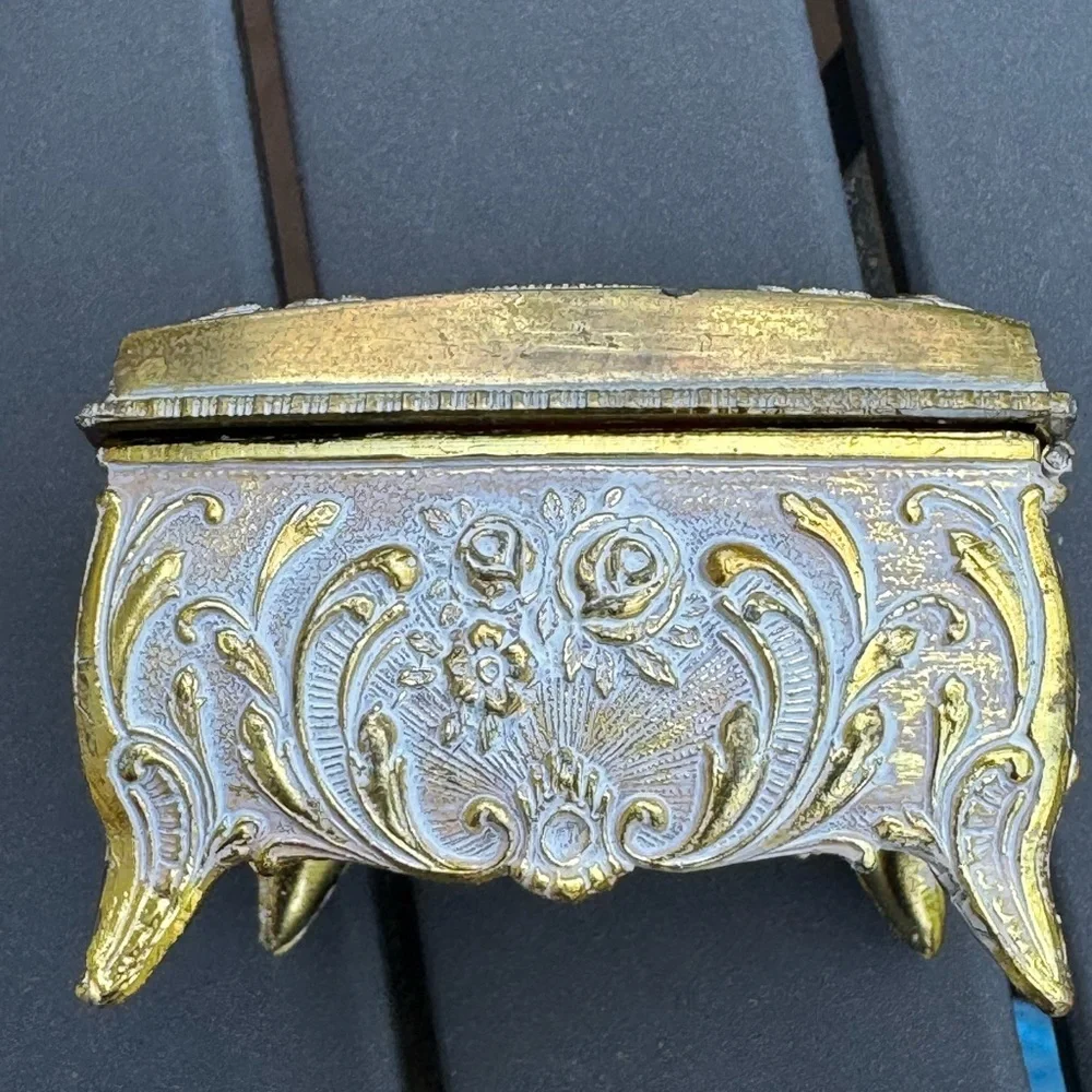 Vintage Footed Square Metal Jewelry Trinket Box Red Velvet Lined Japan